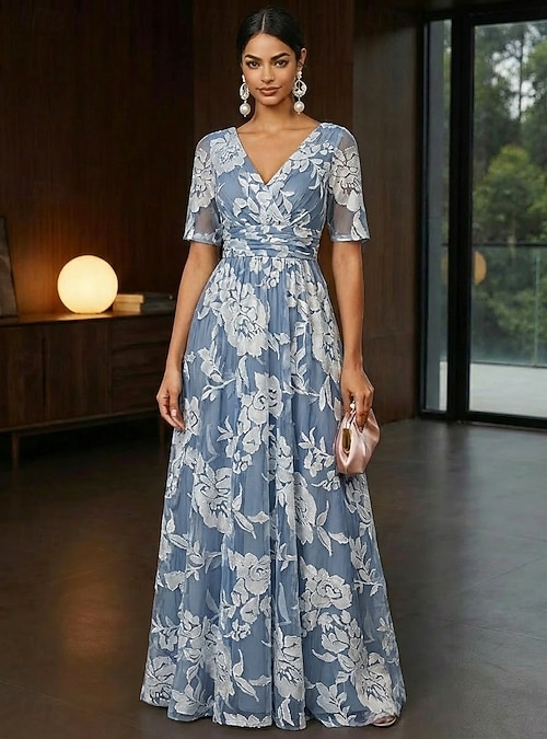 A-Line Dress Floor Length Maxi Dress Party Dress Cocktail Dress Mother of  the Bride Dress Half Sleeve V Neck Elegant Vintage Luxurious Formal Wedding  Guest Kentucky Derby Chiffon Lace with 3D Flowers