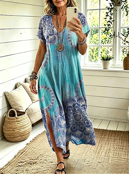 Women's Midi Dress A Line Dress Casual Loose Fit Floral Abstract Short  Sleeve V Neck Blue Yellow Pink Dusty Blue Summer Spring 2026 - SGD S$35.36
