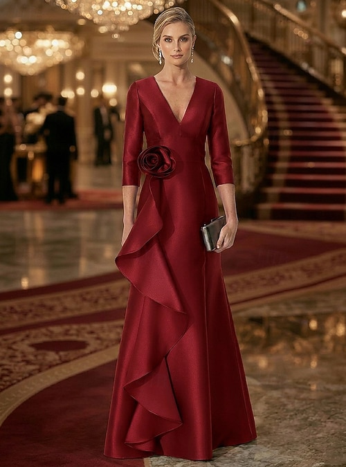 A-Line Floor Length Evening Gown Elegant Empire Waist Evening 3/4 Length  Sleeve V Neck Wedding Formal Pocket Satin with 3D Flowers Ruffles 2026 -  CAD $231.99