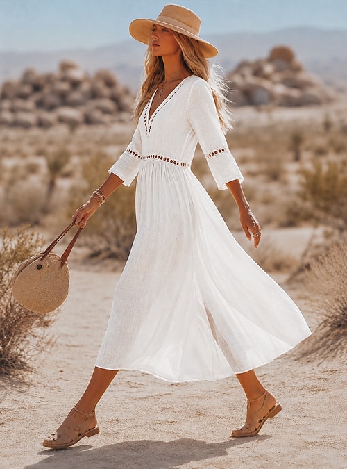a line dress casual Women's Midi Dress Daily Beach Party Loose Fit Plain 3/4 Length Sleeve V Neck White Green Summer Spring 2026 Suitable for casual outings Bust:30 Women's Cinched Waist Dress Thin Straps