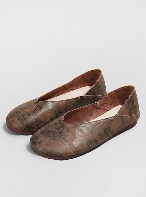 Women s Brown Wide Toe Box Flats - Comfortable Slip-On Shoes Designed for Wide Feet, Distressed Vintage Style, Roomy Fit to Relieve Toe Pressure, Women s Brown Wide Toe Box Flats - Comfortable Slip-On Shoes Designed for Wide Feet, Distressed Vintage Style, Roomy Fit to Relieve Toe Pressure,