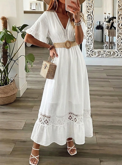 white sun dress maxi Tiered Linen Dress, Open Back Summer Dress, Adjustable Straps, V Neck, Pockets, M / Light Blue or on shoulder 30 White Summer Dresses -