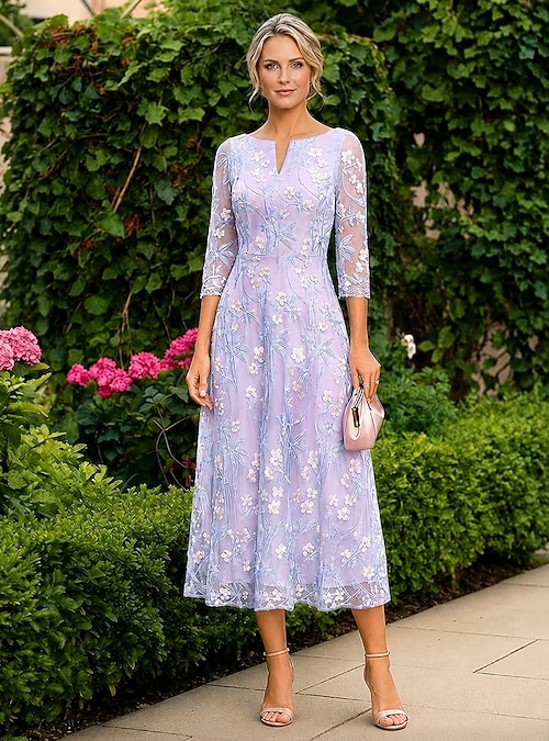A-Line Dress Floor Length Tea Length Lace Dress Cocktail Dress Mother of  the Bride Dress 3/4 Length Sleeve Crew Neck V Neck Elegant Simple Casual  Formal Wedding Guest Semi Formal Lace with