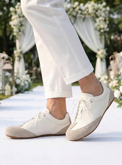 Men s White Minimalist Dress Shoes - Lightweight Lace-Up Comfort Formal Footwear - Clean Gentleman Style for Garden Weddings, Outdoor Celebrations and