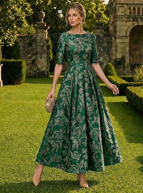 A-Line Ankle Length Formal Dresses Cocktail Dresses Elegant Floral Half Sleeve Boat Neck Wedding Formal Jacquard Cowl Back with Pleats 2026 - $159.99 A-Line Ankle Length Formal Dresses Cocktail Dresses Elegant Floral Half Sleeve Boat Neck Wedding Formal Jacquard Cowl Back with Pleats 2026 - $159.99