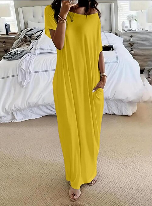 Women's Maxi Dress Casual Dress Elegant Fashion Beach Vacation Sun protection Loose Fit Plain Short Sleeve Boat Neck Yellow Purple Light Grey Summer 2026