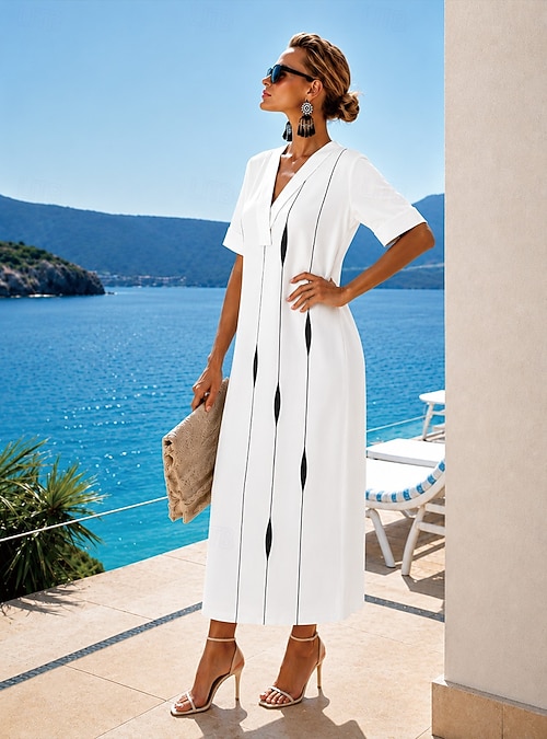 Women's Maxi Dress Shirt Dress Sundress Vintage Dress Formal Dresses  Elegant Vacation Vintage Elbow Sleeve Home Work Beach Regular Fit Graphic  Abstract Short Sleeve V Neck White Summer Spring 2026 - $36.99