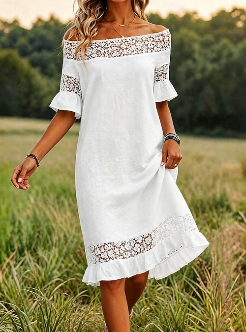 white off shoulder knee length dress off the Shoulder White Knee Length Graduation Dress HD3188