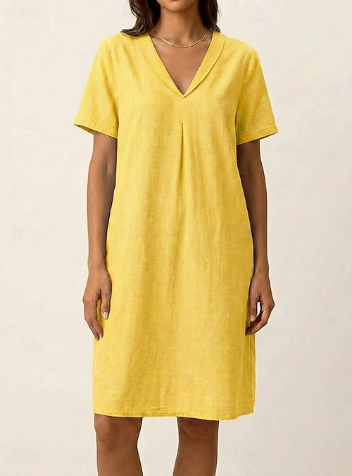 Women's Knee Length Dress Cotton Linen Dresses Summer Dress Basic Classic Daily Vacation Regular Fit Plain Short Sleeve V Neck Yellow Sky Blue Green Summer Spring 2026