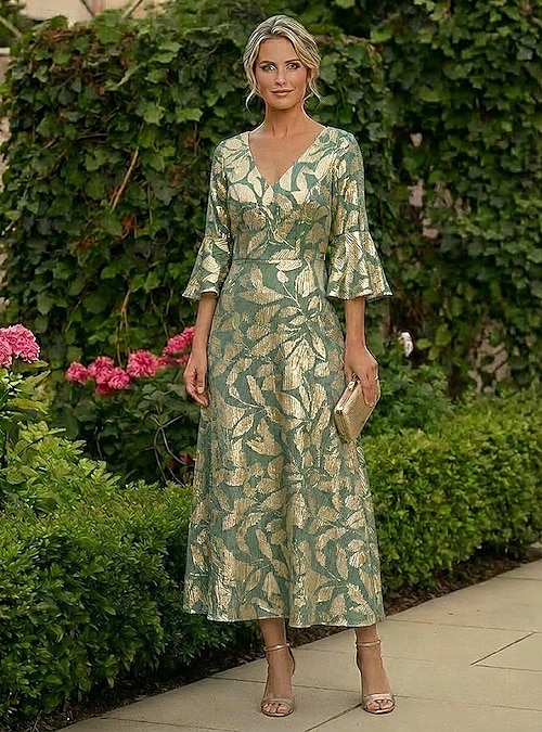 A-Line Ankle Length Tea Length Cocktail Dress Wedding Guest Dress Mother of the Bride Dress 3 4 Length Sleeve V Neck Elegant Formal Semi Formal Jersey