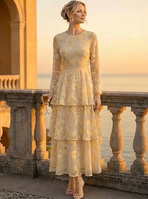 A-Line Dress Ankle Length Party Dress Cocktail Dress Mother of the Bride Dress Long Sleeve Scoop Neck Elegant Vintage Formal Wedding Guest Holiday Chiffon with Floral Print Ruffles Embroidery 2026 - AED A-Line Dress Ankle Length Party Dress Cocktail Dress Mother of the Bride Dress Long Sleeve Scoop Neck Elegant Vintage Formal Wedding Guest Holiday Chiffon with Floral Print Ruffles Embroidery 2026 - AED