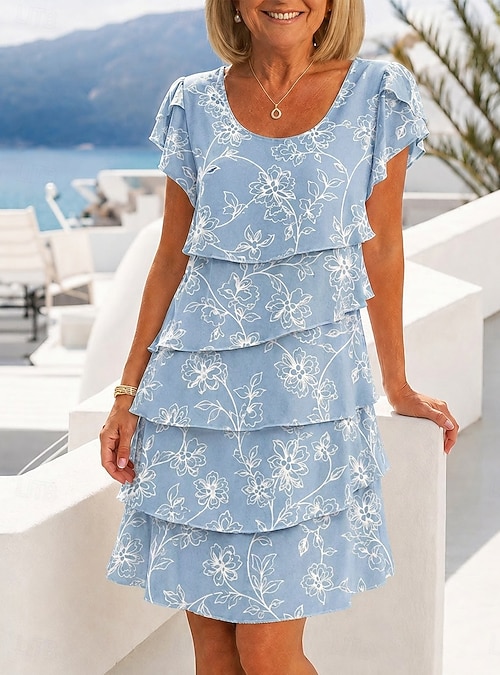 knee length chiffon floral dress Women's Knee Length Dress Chiffon Dress Floral Dress Elegant Fashion Modern  Vacation Party Weekend Regular Fit Floral Short Sleeve Crew Neck Blue Pink  Green Summer Spring 2026