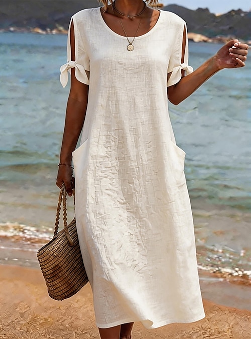 beige midi summer dress Elegant Beige Midi Dress for Women
