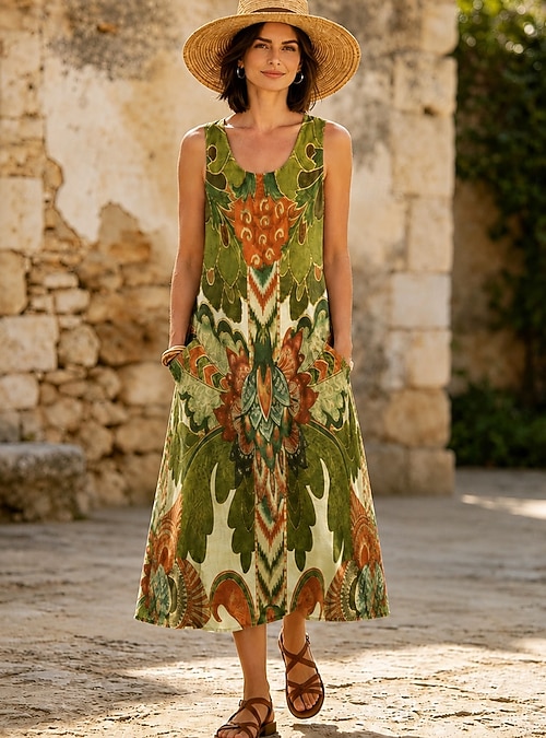 Women's Midi Dress Shift Dress Vacation Casual Boho Holiday Regular Fit Graphic Geometric Sleeveless U Neck Dusty Blue Green Summer Spring 2026 - $33.99 Women's Midi Dress Shift Dress Vacation Casual Boho Holiday Regular Fit Graphic Geometric Sleeveless U Neck Dusty Blue Green Summer Spring 2026 - $33.99