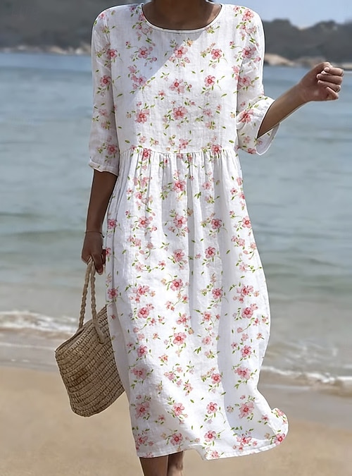 Women's Midi Dress Shift Dress Sundress Vacation Casual Beach Going out  Regular Fit Floral Graphic 3/4 Length Sleeve Crewneck Red Purple Summer  Spring Fall 2026 - $34.99