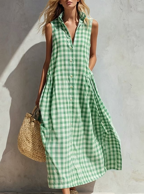 light green plaid dress Green Plaid Pleated Dress