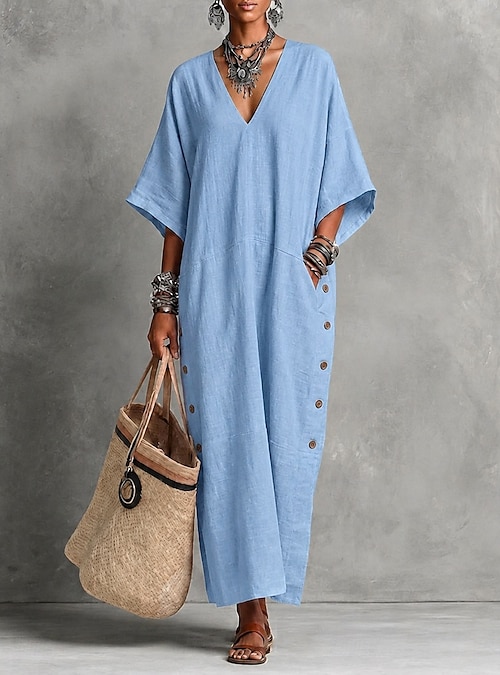 Women's Midi Dress Linen-feel Dresses Shift Dress Casual Daily Loose Fit  Plain Long Sleeve V Neck Navy Pink Red Summer Spring Fall 2026 - kr.459
