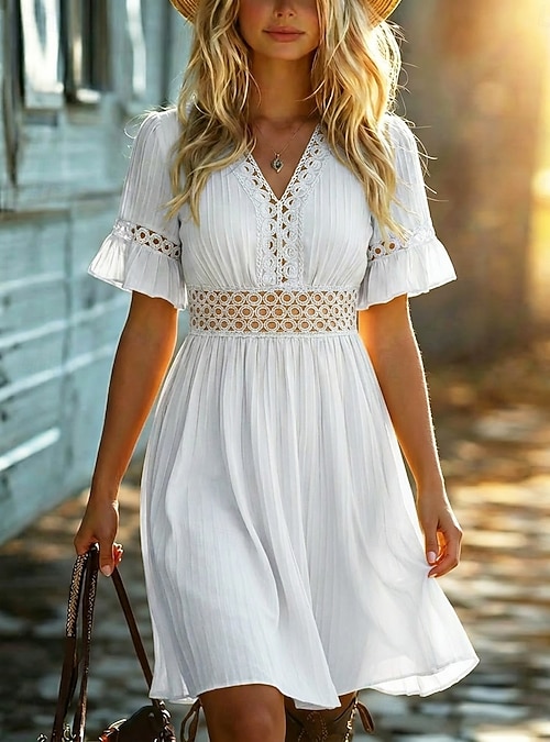 short white lace boho dress Leely Women Chic White Lace Boho Mini Dress with Sleeves Off the Shoulder A Line Little White Dress Cowgirl Dress