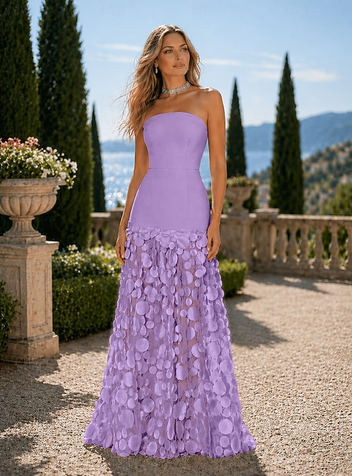 garden party prom dresses Strapless Long Floral-Print Prom Dress with Ruffles Blue / 6