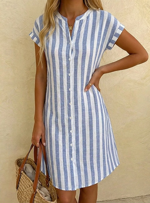Women's Knee Length Dress Shirt Dress Casual Dress Striped Dress Elegant  Fashion Daily Vacation Regular Fit Striped Short Sleeve Mandarin Collar Red  Navy Blue Gray Light Blue Summer Spring 2026 - $22.99