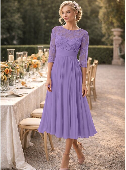 lace engagement party dress A-Line Tea Length Cocktail Dress Wedding Guest Dress Mother of the Bride Dress 3/4 Length Sleeve Crew Neck Elegant Wedding Guest Party Chiffon with Lace Pleats 2026 Navy blue foyer table engagement party dresses Hemline / Train Style:With Train 818molly