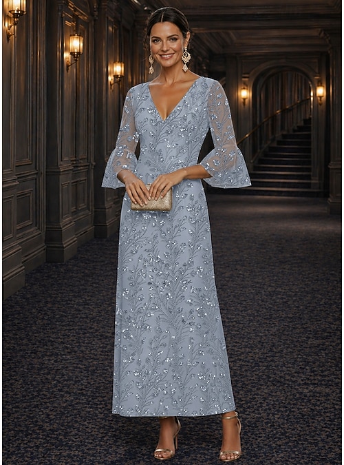 A-Line Dress Floor Length Ankle Length Cocktail Dress Mother of the Bride  Dress Long Sleeve V Neck Elegant Luxurious Sparkle & Shine Formal Wedding  Guest Semi Formal Lace with Beading Sequin 2026 -