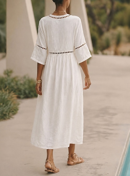beige color dress casual BiZtdJrK Beige Summer Casual Dress for Women Cotton Linen Button V Neck Short Sleeve T Shirt Dresses Loose Solid Color Midi Dress with Pockets S