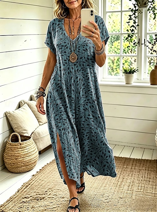 Women's Midi Dress A Line Dress Casual Loose Fit Floral Abstract Short  Sleeve V Neck Blue Yellow Pink Dusty Blue Summer Spring 2026 - SAR 115