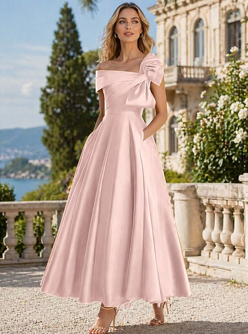 pink ankle length dress A-Line Cocktail Dresses Party Dresses Elegant Silky Short Sleeve One Shoulder Wedding Formal Satin with Bow(s) 2026 US Size:24W Perfect for garden weddings 97 Short Sleeve Ruched A