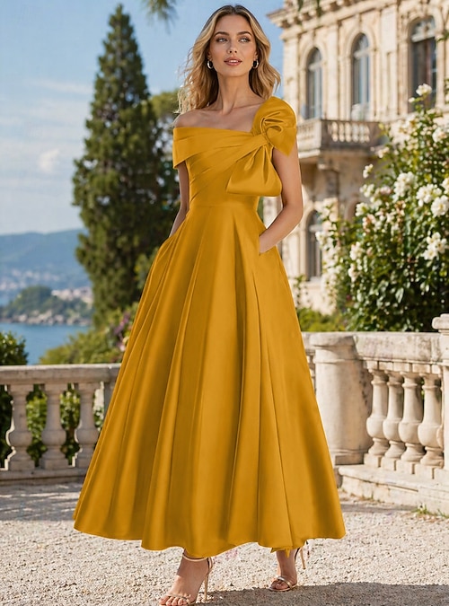 A-Line Ankle Length Cocktail Dresses Party Dresses Elegant Silky Short  Sleeve One Shoulder Wedding Formal Pink Dress Satin with Bow(s) 2026 - AU  $240.79