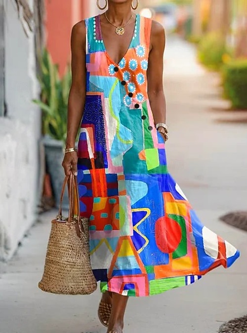 ankle length sun dresses Women's Ankle length Sundress Casual Dress A Line Dress Elegant Vacation  Stylish Beach Holiday Regular Fit Graphic Geometric Abstract Sleeveless V  Neck Blue Light Purple Orange Summer Spring 2026