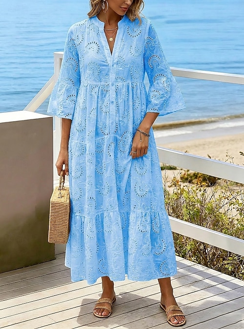 blue white eyelet dress Sail to Sable Blue & White Rose Printed Eyelet V-Neck Midi Dress WHITE/BLUE / M / SU25119