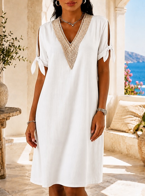 Women's Knee Length Dress Lace Dress White Dress Summer Dress Elegant Fashion Beach Vacation Holiday Regular Fit Plain Short Sleeve V Neck White Pink Sky Blue Dark Blue Summer Spring 2026