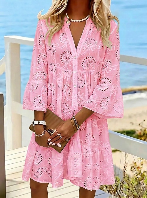 Women's Knee Length Dress White Dress Summer Dress Eyelet Dress Fashion  Modern Beach Vacation Holiday Loose Fit Floral Long Sleeve Stand Collar  White Yellow Pink Royal Blue Summer Spring 2026 - 30.99