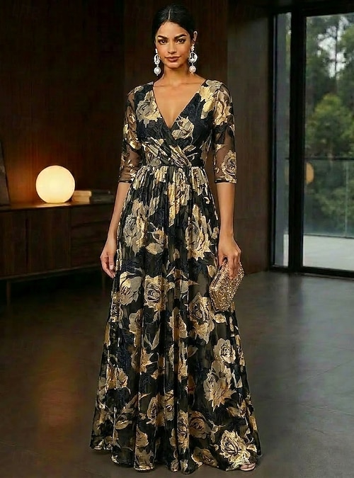 A-Line Dress Floor Length Maxi Dress Party Dress Cocktail Dress Mother of  the Bride Dress Half Sleeve V Neck Elegant Vintage Formal Wedding Guest  Kentucky Derby Foiled Lace with Floral Print Flower