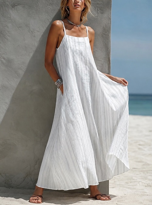 Women's Maxi Dress Boho Dress Vintage Vacation Loose Fit Striped Sleeveless Square Neck Light Blue White Yellow Summer