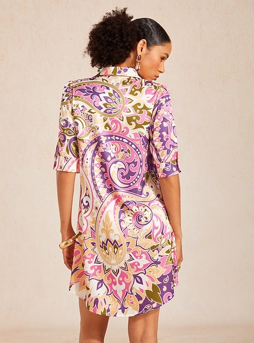 pink paisley shirt dress Pink Paisley Cotton Shirtdress: Block Printed Midi Boho Dress