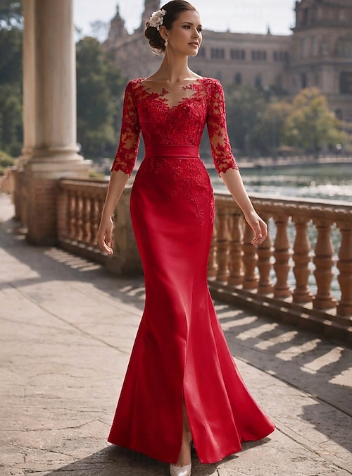 Mermaid Trumpet Floor Length Wedding Guest Dress Formal Dresses Evening Gown  Mother of the Bride Dress 3/4 Length Sleeve Scoop Neck Elegant Party Formal  Formal Evening Satin Lace with Pleats Split 2026 -