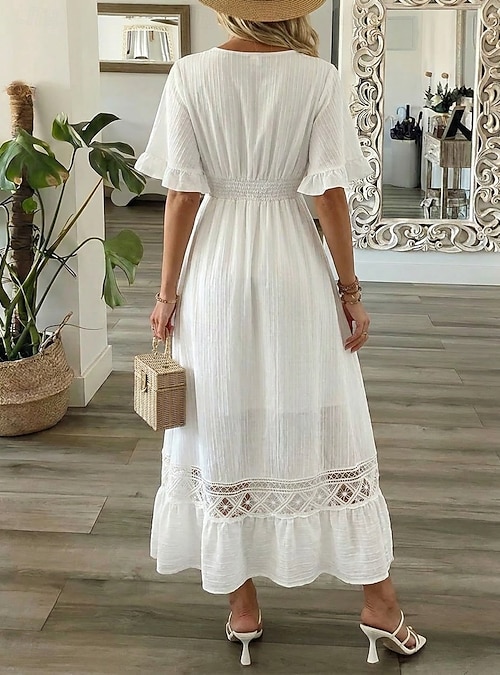 womens white lace summer dress mini dress white lace Sleeveless Lace Boho Mini Dress White V-Neck Summer Dress in White | Women's Boho Fashion