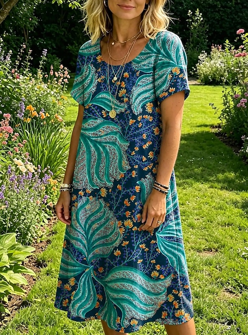 Women s Knee Length Dress Shift Dress T Shirt Dress Tee Dress Casual Regular Fit Floral Graphic Short Sleeve Crew Neck Blue Orange Summer Spring