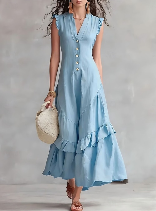Women's Maxi Dress Casual Dress Vest Dress Summer Dress Ruffle Dress  Elegant Basic Classic Daily Vacation Regular Fit Plain Sleeveless V Neck  Blue White Yellow Pink Summer Spring 2026 - kr.389