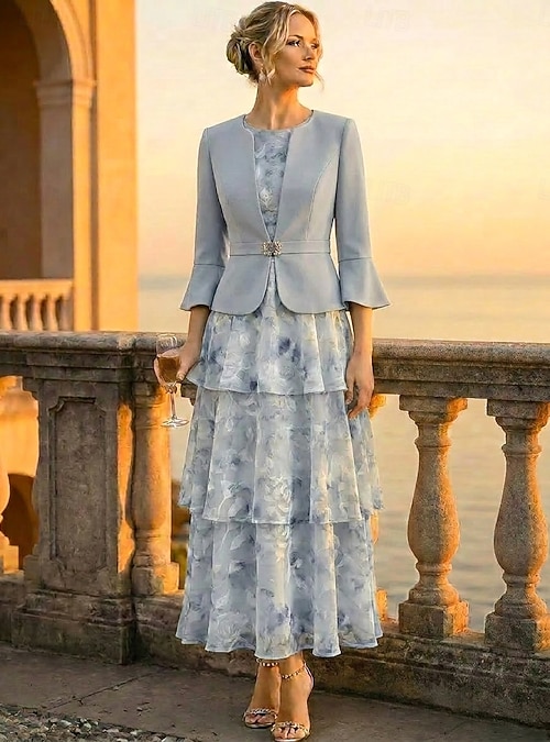 Two Piece A-Line Ankle Length Wedding Guest Dress Mother of the Bride Dress  3/4 Length Sleeve Scoop Neck Elegant Minimalist Casual Formal Semi Formal  Chiffon Stretch Fabric Jacket Dresses with Floral 2026 -