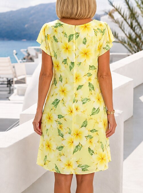knee length yellow chiffon dress Women's Dress Floral Dress Elegant Fashion Modern Vacation Party Weekend Regular Fit Floral Short Sleeve Crew Neck Summer Spring 2026 LowStock:43639481270323