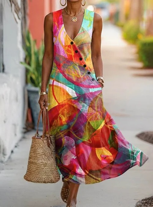 casual midi a line dress plus Size Dresses for Women Loose Summer Casual A-Line Flowy Midi Dress  with Poc