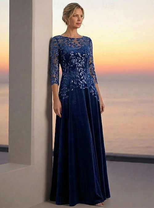 A-Line Dress Floor Length Ankle Length Cocktail Dress Mother of the Bride Dress Long Sleeve Illusion Neck Elegant Luxurious Sparkle & Shine Formal