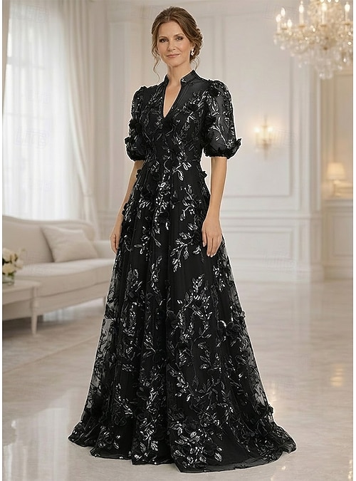 half lace maxi dress A-Line Dress Floor Length Maxi Dress Party Dress Cocktail Dress Mother of  the Bride Dress Half Sleeve V Neck Elegant Vintage Luxurious Formal Wedding  Guest Semi Formal Lace with 3D Flowers Embroidery