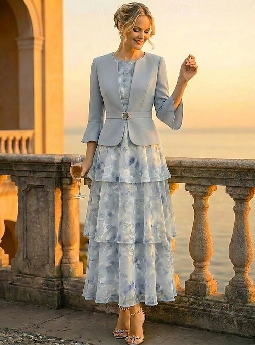 Two Piece A-Line Ankle Length Wedding Guest Dress Mother of the Bride Dress  3/4 Length Sleeve Scoop Neck Elegant Minimalist Casual Formal Semi Formal  Chiffon Stretch Fabric Jacket Dresses with Floral 2026 -