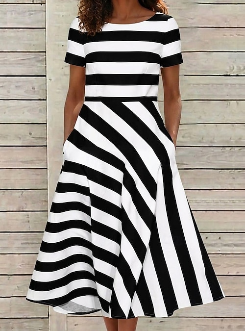 Women's Midi Dress Casual Dress Striped Dress A Line Dress Elegant Fashion  Daily Vacation Regular Fit Striped Short Sleeve Crew Neck Blue Khaki Black  Red Summer Spring 2026 - $19.99