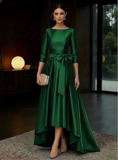 high low dress red carpet A-Line High-low Dress Tea Length Cocktail Dresses Elegant Red carpet 3/4  Length Sleeve Boat Neck Wedding Formal Taffeta Stretch Satin with Bow(s)  Pleats 2026