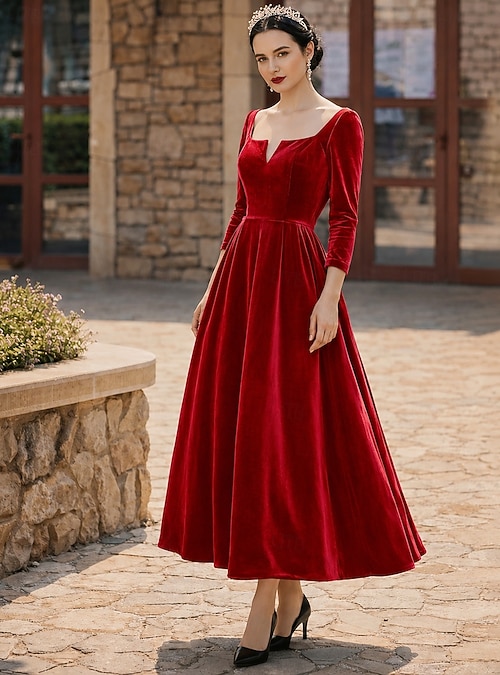 ankle length velvet dress Women's Mystic Sheath Square Neck Velvet Ankle Length Dress S/M/L Black/Red MEAN BLVD Red / M